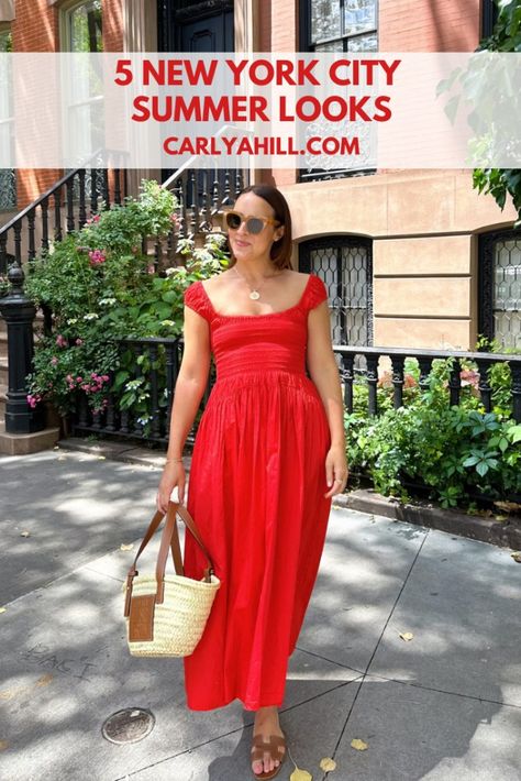 new york city summer looks Red Sundress Outfit, New York City Summer, Yellow Maxi Skirts, Summer In Nyc, Red Sundress, New York City Guide, Sundress Outfit, Nyc Lifestyle, City Summer