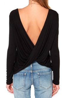 Tees For Women | Cool T Shirts And Vintage Tees For Women Fashion Online | ZAFUL Backless Long Sleeve Top, Black Shirts, Loose Long Sleeve, Backless Top, Ropa Diy, Black Long Sleeve Top, Casual Tops For Women, Casual Blouse, Look Chic