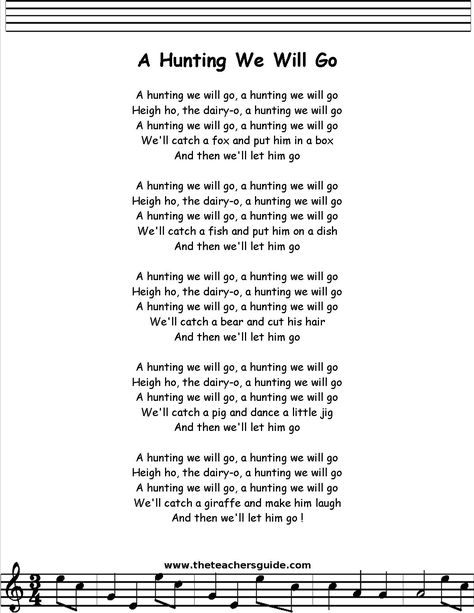 a hunting we will go | Download PDF Printout Daycare Songs, Unique Poems, Girl Scout Songs, A Hunting We Will Go, Nursery Rhymes Poems, Toddler Songs, Nursery Rhymes Lyrics, Lullaby Songs, Transition Songs