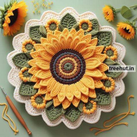 Sunflower Crochet Ideas for Home, Cushions, Bedcover, Grocery Bags Crochet Sunflower Hot Pad, Crochet Sunflower Afghan, Sunflower Doily Crochet Pattern, Sunflower Rug Crochet, Crochet Sunflower Placemat, Sunflower Crochet Projects, Crochet Sunflower Pattern Free, Sunflower Crochet Pattern, Crochet Flowers Pattern