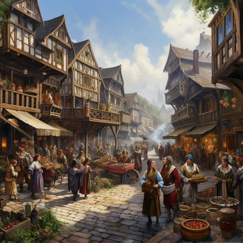 Dnd Inn, Fantasy Market, Fantasy Inn, Medieval Tavern, Forest Village, Forest People, Medieval Drawings, Fairytale Aesthetic, Fantasy Town