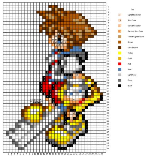 Cross stitch pattern for view of original bead sprite and pixel art click links below: Pixel Art: Bead Art: Video Game Pixel Art Grid, Kingdom Hearts Cross Stitch, Kingdom Hearts Pixel Art, Cross Stitching Patterns, Stitching Patterns, Sora Kingdom Hearts, Cross Stitch Kitchen, Bead Sprite, Tapestry Crochet Patterns