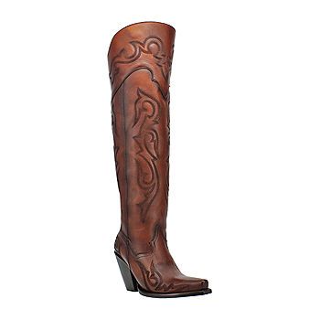 Dan Post Womens Wide Calf Block Heel Over the Knee Boots, Color: Chestnut - JCPenney Thigh High Western Boots, Thigh High Cowboy Boots, Build Wardrobe, Dan Post Boots, Leather Thigh High Boots, Dan Post, Tall Leather Boots, Hat Style, Pointed Toe Boots