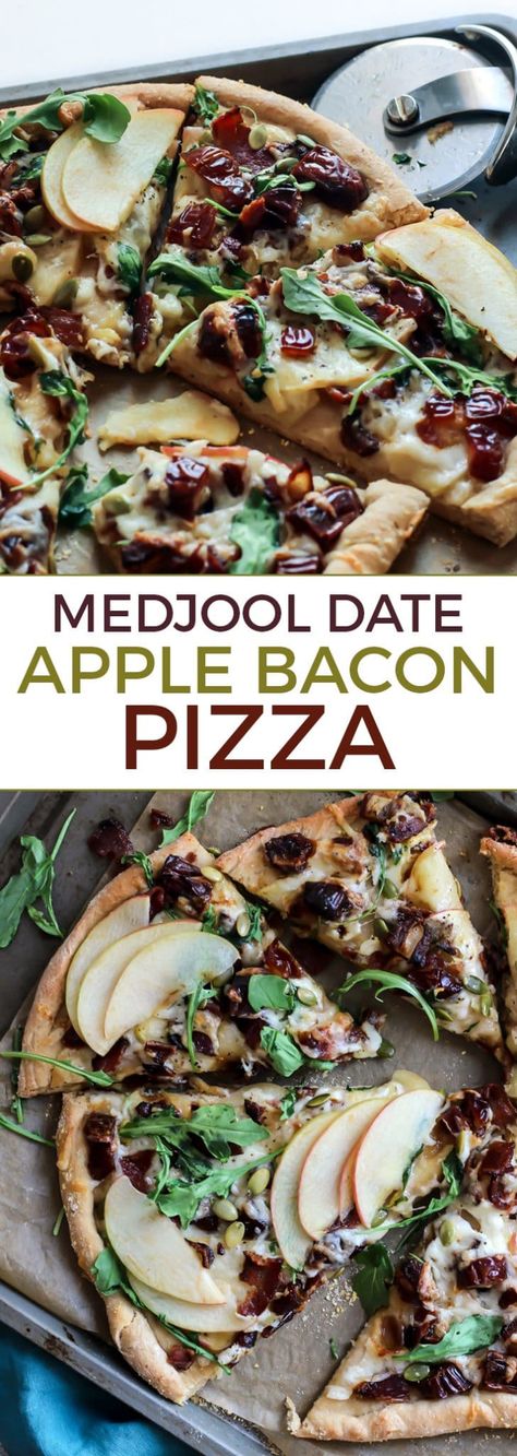 So many delicious things happening here! Medjool Date Apple Bacon Pizza – perfect for any day of the week! Apple Pizza, Bacon Pizza, Whole Wheat Pizza, Clean And Delicious, Fontina Cheese, Healthy Pizza, Flatbread Pizza, Winner Winner, Space Ideas