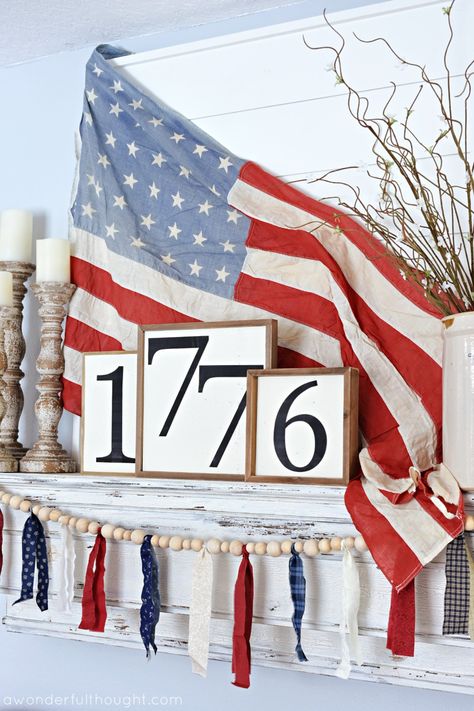 Patriotic Summer Decor, Usa Home Decor, July 4th Mantel Decor, Memorial Day Outside Decor, Boho Americana Decor, 4th Of July Mantel Decorating Ideas, 4th Of July Mantle Decor Mantel Ideas, Summer Time Decor, Patriotic Fireplace Decor