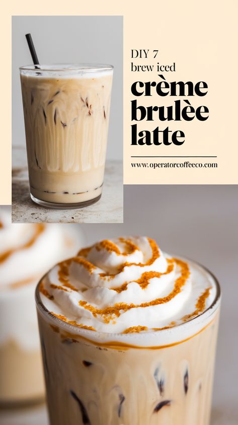 Love ordering 7 Brew coffee? 🥤 Bring their Crème Brulée Latte magic home with this iced coffee recipe! Combining toasted marshmallow syrup, vanilla syrup, and English toffee syrup with double shots of espresso and whole milk, this light-ice recipe is made for fans of the 7 Brew aesthetic. Perfect for any season, from summer to winter, it’s easy to make and delicious to drink! 🌟 Show off your DIY barista skills and whip up this popular 7 Brew drink at home! #7BrewRecipes #CoffeeDIY Cafe Bustelo Recipe, Espresso Latte Recipes, Cold Brew Recipes Drinks, Breville Espresso Machine Recipes, Simple Syrup Recipe For Coffee, Espresso Recipes At Home, Creme Brulee Latte Recipe, Espresso Coffee Recipes, Espresso Drinks At Home