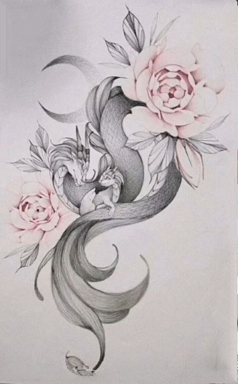 Sweet Dragon Tattoo, Dragon And Orchid Tattoo, Mother Of Dragons Tattoo, Feminine Dragon Tattoo For Women, Dragon And Flower Tattoo, Dragon Tattoo Feminine, Dragon Tattoo With Flowers, Rose Tattoo On Hip, Arm Tattoos Drawing