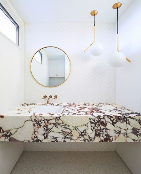 We are excited to announce that our Calacatta Viola marble is finally in stock! To celebrate, here is a stunningly similar Calacatta Viola… Terrazzo And Marble, 1920s Interior Design, Design Hall, New Bathroom Designs, Moore House, Craftsman Kitchen, Bad Inspiration, Interior Minimalista, Mandy Moore