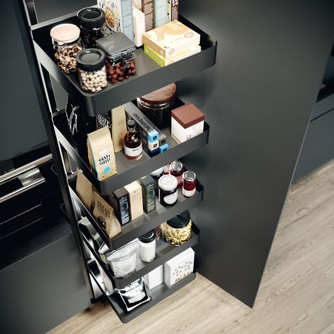 Swing Out Larder Unit , For Cabinet Width 300-400 mm,with Planero Lava Grey Storage Baskets,Vauth-Sagel VS TAL Gate N - Häfele U.K. Shop Shaker Kitchen Doors, Kitchen Larder, Larder Unit, Tall Kitchen, Kitchen Door Handles, Grey Storage, Corner Storage, Grey Metal, Kitchen Storage Solutions