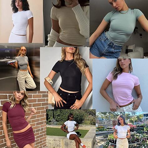 Going Out Crop Tops, Tight Tank Top, Slim Fit Crop Top, Workout Tops For Women, Basic T Shirts, Long Sleeve And Shorts, Crop Top Outfits, Cute Crop Tops, Short Sleeve Cropped Top