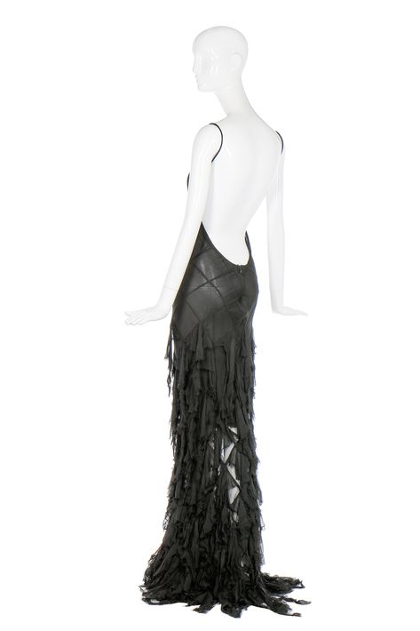 Alexander McQueen bias-cut black chiffon evening gown, 'Deliverance', Spring-Summer 2004 unlabelled, formed from lozenges, deep, low scooped back, tousled handkerchief flounces to hem Vintage Alexander Mcqueen Dress, Alexander Mcqueen Vintage, Alexander Mcqueen Gown, Vintage Alexander Mcqueen, Alexander Mcqueen Dress, Alexander Mcqueen Dresses, Expensive Clothes, Diy Fashion Clothing, Black Chiffon