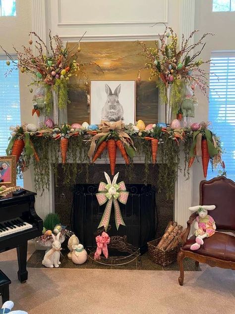 High End Easter Decor, Easter Mantel Ideas, Living Room Easter Decor, Easter Chandelier Decor, Fireplace Easter Decor Mantle Ideas, Easter Decorations Mantle, Easter Planter Ideas, Easter Garland For Mantel, Easter Mantel Decor