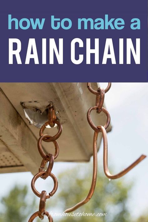 This homemade copper rain chain is awesome! The tutorial has simple step-by-step instructions for making the rain chain and the rain chain installation. It looks beautiful when it's hung up on the house. One of my favorite water features! | Garden Art Make A Rain Chain, How To Make A Rain Chain, Rain Chain Diy, Copper Rain Chain, Chain Tutorial, Copper Rain Chains, Diy Copper, Rain Chains, Copper Diy