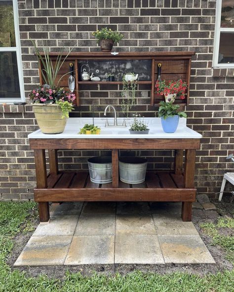 Potting Bench With Sink, Potting Bench Ideas, Outdoor Sink, Potting Station, Outdoor Potting Bench, Garden Sink, Potting Table, Potting Tables, Outdoor Sinks