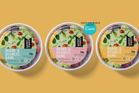 "Hello! I'm Noe. This listing is for an editable salad or fresh food label template in Canva that comes with three background variations. The label sizes included in this template are: three sizes * 4\"  * 3\"  * 2.3\"  Approx. Do you need a resize? Visit this link: https://www.etsy.com/listing/1149079018/resize-for-any-template-of-my-shop?click_key=7bc781d08ed02d2eb6a0354677484aee5447bf44%3A1149079018&click_sum=96164b58&ref=shop_home_feat_4&pro=1&frs=1 You can customize the template by editing Food Label Sticker, Salad Packaging, Food Label Template, Box Design Templates, Takeaway Packaging, Beauty Products Labels, Food Salad, Business Notes, Bottle Label Template