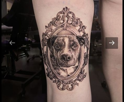 Pet Portrait Tattoo Frame, Gizmo Tattoo, Pet Portrait Tattoo, Cameo Tattoo, Frame Tattoo, Dog Portrait Tattoo, 2024 Tattoo, Dog Picture Frames, Animals Tattoo