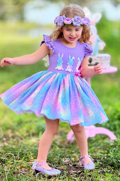 You've never seen an Easter tutu dress like this before! Bursting to the bring with color and cute style, the tiered flutter sleeves, embroidered bunnies, and ruched skirt will have your little girl smiling from ear to ear. Easter Tutu Dress, Embroidered Bunnies, Easter Tutu, Girl Smiling, Easter 2024, Bunny Silhouette, Rainbow Polka Dots, Tank Romper