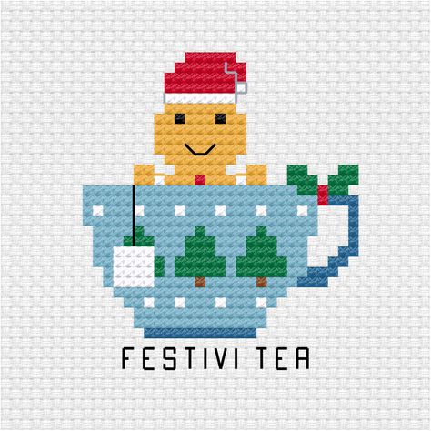 Cross Stitch Christmas Patterns Free, Funny Christmas Cross Stitch, Easy Christmas Cross Stitch Patterns, Easy Cross Stitch Patterns Free, Teacup Cross Stitch, Tea Cross Stitch Pattern, Cool Cross Stitch, Tea Cross Stitch, Kawaii Cross Stitch