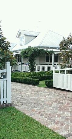 House Brick, Californian Bungalow, Brick Driveway, Queenslander House, Weatherboard House, Front Facade, House Colours, Driveway Design, White Picket Fence