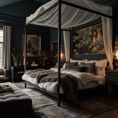 Dark Moody Bedroom, Dark Romantic Bedroom, King Size Bed Designs, Moody Bedroom Ideas, Simple Bed Designs, Moody Bedroom, Feminine Bedroom, Wooden Bed Design, Dark Bedroom