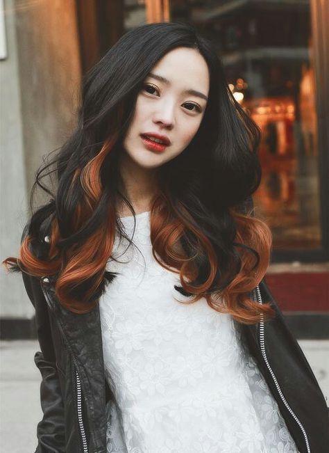 Black hair with copper under highlights Underlights Hair, Two Toned Hair, Hair Color Asian, Peekaboo Highlights, Black Hair With Highlights, Popular Haircuts, Tone Hair, Asian Hair, Hair Envy