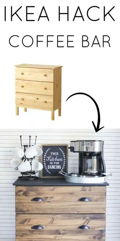 45+ Awesome Home Coffee Stations Ideas Black And Wood Interior, Coffee Bar Essentials, Ikea Tarva Hack, Tarva Hack, Stained Dresser, Ikea Tarva, Diy Kitchen Table, Diy Coffee Bar, Farmhouse Coffee Bar