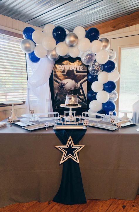 Cowboys Birthday Party Decorations, Dallas Cowboy Backdrop Ideas, Dallas Cowboy Themed Birthday Party, Dallas Cowboy Centerpieces Ideas, Dallas Cowboy Party Decorations, Dallas Cowboys Backdrop, Dallas Cowboy Theme Party For Adults, Dallas Cowboys Birthday Party Decoration, Dallas Cowboys Centerpieces