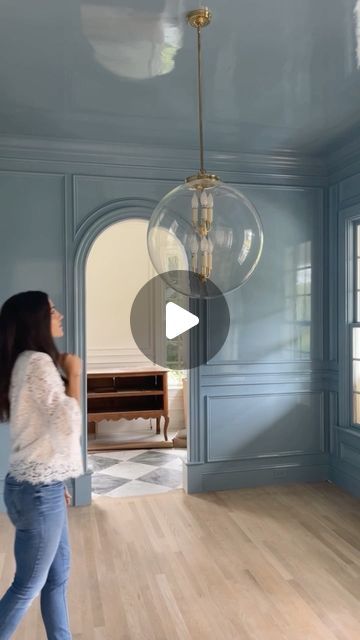 Christina Serrano on Instagram: "This overlooked room just became the main character of the house! 🙌🏽 

Light is @hectorfinchlighting and paint color is BM Slate Blue in a lacquer all over and it’s killling me it’s so good! A deep dusty blue 🤩 👋🏼 
 

#diningroomdecor #diningroomdesign #diningroomgoals #paintcolor #finepaintsofeurope #dustyblue #lacquerlovers #pendantlights #glassglobe #glossypaint #beforeandafter #homerenovation #homereno #newconstruction #newconstructionhomes" Bm Slate Blue Paint, Light Blue Color Drenched Room, Dusty Cornflower Benjamin Moore Bedroom, Bm Slate Blue, Celestial Blue Little Greene, Dusty Blue Room, Dusty Blue Paint Color, Dusty Blue Bedroom, Light Blue Ceiling