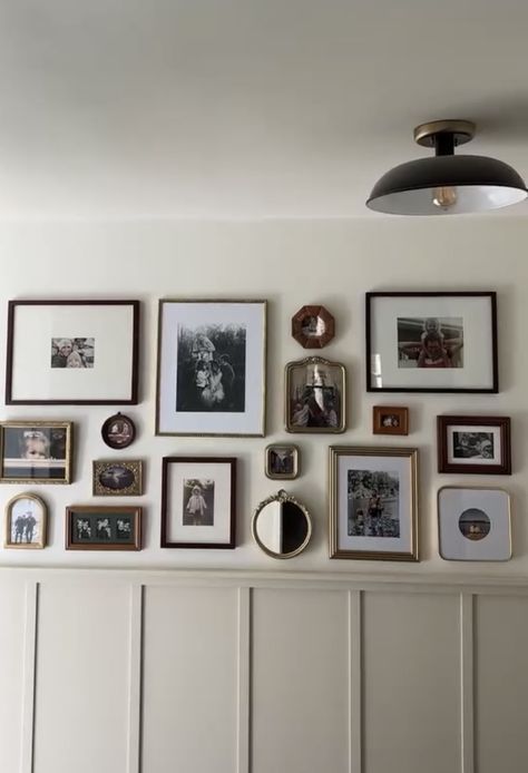 Collage Picture Frames On Wall, Photo Wall Family Pictures, Full Photo Wall, Wall Of Pictures Hallway, Hallway With Family Pictures, Old Photo Gallery Wall, Picture Frame Hallway, Gallery Wall Of Family Photos, Dining Room Wall Gallery