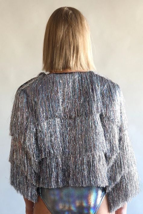 Unisex Metallic Tiered Tinsel Fringe Festival Silver Jacket Disco Jacket, Eras Outfits, Silver Jacket, Fringe Festival, Fringe Jacket, Lunar New, Goods And Services, Eras Tour, Trust Me