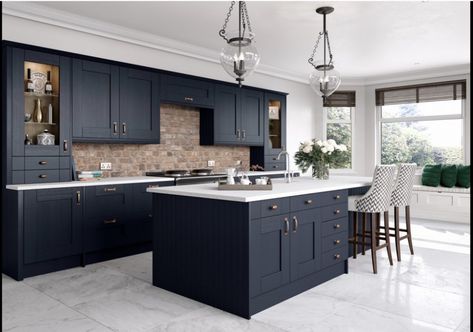 Indigo Kitchen, Blue Shaker Kitchen, Shaker Kitchen Doors, Blue Kitchen Designs, Open Plan Kitchen Dining, Blue Kitchen Cabinets, Shaker Style Doors, Kitchen Cabinet Doors, Shaker Kitchen