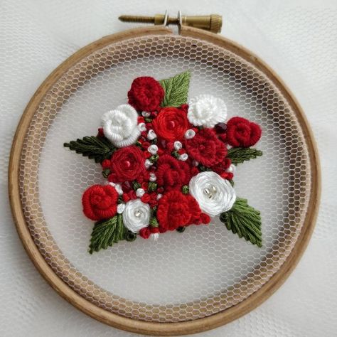 Red And White Bouquet, Bullion Knot Stitch, White Tulle Fabric, Bullion Knot, Knot Stitch, Wooden Embroidery, Wooden Embroidery Hoops, Pocket Planner, Embroidered Art