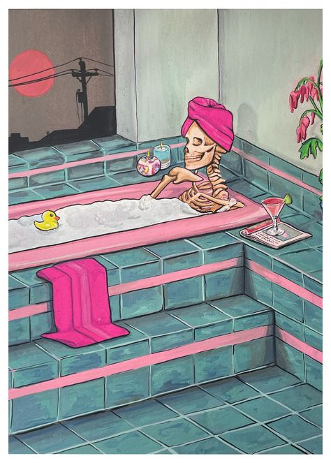 Bathtub Painting Art, Bathtub Drawing Reference, Skeleton In Bathtub, Bathtub Drawing, Goth Artwork, Shower Drawing, Bathtub Illustration, Playlist Art, Bath Illustration