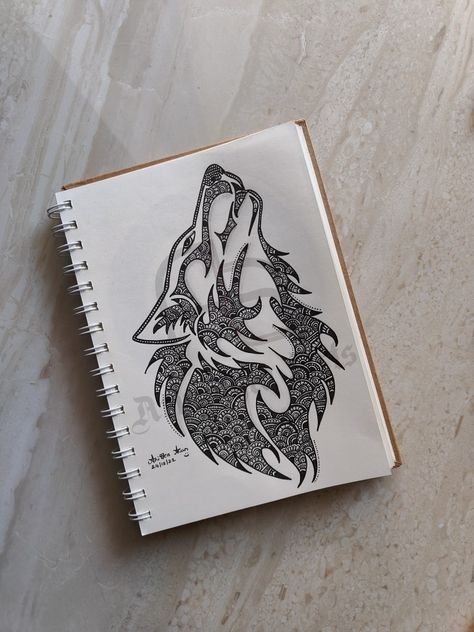 33. WOLF MANDALA 🐺 Wolf Mandala Art, Animal Mandala Artworks, Sketches Landscape, Pencil Sketches Landscape, Mandala Wolf, Earth Day Drawing, Animal Tattoo Ideas, Ear Tattoo Ideas, Zentangle Ideas