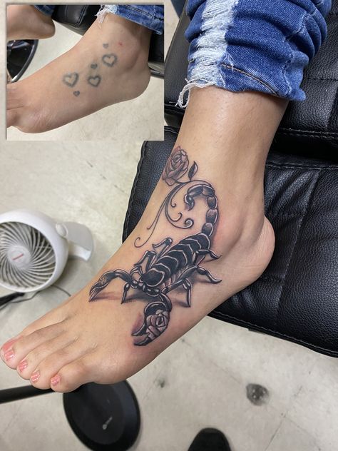 Coverup of small hearts with Scorpion. By: Jesus www.wyldesydestattoo.com #tattoo #coveruptattoo #wyldesydestattoo #foottattoo #sandiegotattooartist #blackandgraytattoo #sandiegotattooartist #scorpiontattoo Bull Skull Tattoos, Full Leg Tattoos, Scorpio Tattoo, Pretty Hand Tattoos, Wicked Tattoos, Foot Tattoos For Women, Instagram Cover, Scorpion Tattoo, Leg Tattoos Women