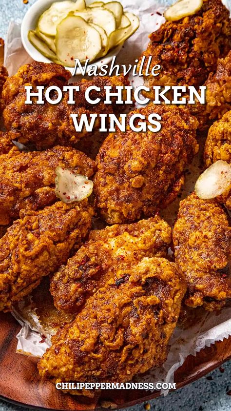 Nashville Hot Chicken Wings served on a tray Spicy Breaded Chicken Wings, Nashville Hot Chicken Wings Recipe, Nashville Chicken Wings, Taco Chicken Wings, Chicken Wing Recipes Spicy, Hot And Spicy Chicken Wings, Fried Wings Recipe Crispy, Different Flavor Wings, Nashville Hot Wings Recipe