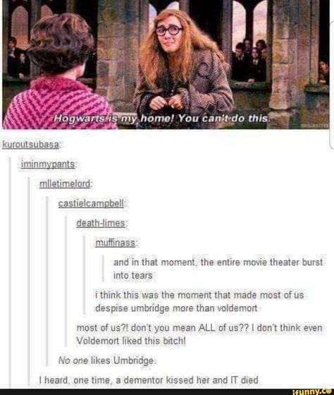 mufﬁnass and in that moment the entire movie theater burst Into tears despise umbridge more than voldemon most of us?! don't you mean ALL of us?? I don't think even Voldemort liked this bitch! No one likes Umbridge I heard one time a dementor kissed her and IT died – popular memes on the site iFunny.co #harrypotter #movies #mufnass #moment #entire #movie #theater #burst #into #tears #despise #umbridge #more #voldemon #dont #mean #all #think #even #voldemort #liked #no #pic Yer A Wizard Harry, Harry Potter Love, Harry Potter Obsession, Mischief Managed, Ron Weasley, Harry Potter Fantastic Beasts, To Infinity And Beyond, Harry Potter Funny, Harry Potter Fandom