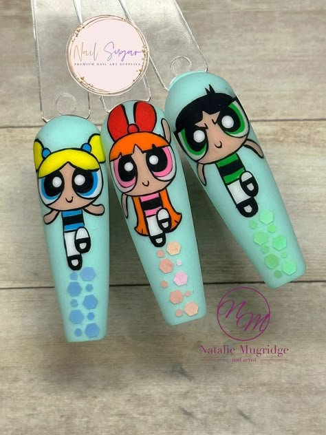 Nail Cartoon, Bubbles Powerpuff Nail Art, Powerpuff Girl Nail Art, Cartoon Character Nail Art, Acrylic Nails Cartoon Art Designs, Cartoons Nails Art, Cartoon Nail Designs, Disneyland Nails, Oval Nails Designs