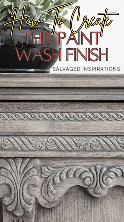 How To Create This Paint Wash Finish | Salvaged Inspirations I’m So Excited To Share Today’s Makeover With You. This Dated Sewing Cabinet Has Been Reloved Into A DIY Restoration Hardware Greige Finish Using Only Two Paint Colors. The Best Part — You Control How Light Or Dark You Want Your Greige To Be! Let Me Know What You Think. #siblog #salvagedinspirations #furniturepaintwash #paintwash #furnituremakeover #washfinish #furniturepainting #paintingfurniture Gray Distressed Furniture, Chalk Paint Bed, Restoration Hardware Finish, Armoire Diy, Restoration Hardware Paint, Thrift Store Furniture Makeover Diy, Diy Restoration Hardware, Grey Painted Furniture, Pottery Barn Furniture