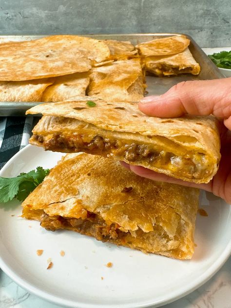 Sheet Pan Quesadillas Big Mac Sheet Pan Quesadilla, Sheet Pan Taco Pizza, Sheet Pan Quesadillas Beef, Sheet Pan Quesadillas, Seasoned Ground Beef, Sheet Pan Suppers, Taco Pizza, Cheese Quesadilla, Spicy Salsa