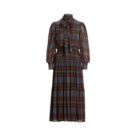 Plaid Tie-Neck Crinkle Georgette Dress for Women | Ralph Lauren® UK Ralph Lauren Plaid Dress, Dinner Outfits Winter, Fluid Movement, Ralph Lauren Plaid, Ralph Lauren Vintage, Women Ralph Lauren, Georgette Dress, Plaid Tie, Ralph Lauren Purple Label