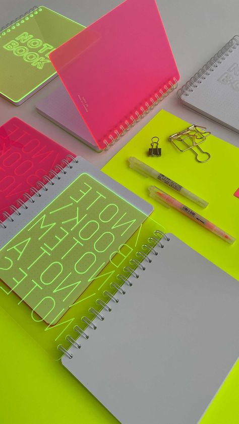 Neon Stationery, Notebook Design Ideas Cover, Acrylic Notebook, Libra Mars, Hollow Coves, Design Booklet, Cool Stationery, Colorful Stationery, Colorful Notebooks