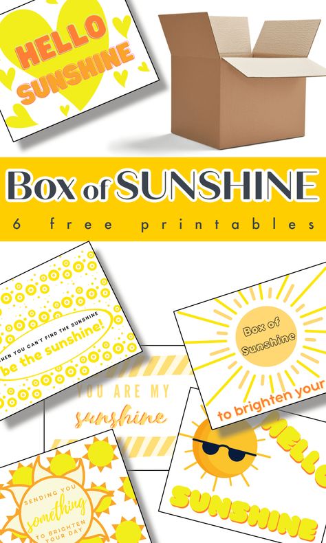 Basket Of Sunshine Printable, Sunshine Box Printable Free, Sunshine Tags Free Printables, Box Of Sunshine Care Package, Box Of Sunshine Printable Free, Yellow Themed Gifts, Sunshine Package, Box Of Sunshine Gift, Basket Of Sunshine