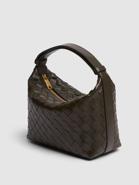 Find BOTTEGA VENETA Mini Wallace Leather Shoulder Bag on Editorialist. Height: 13cm Width: 20cm Depth: 9.5cm. Mini Intrecciato leather shoulder bag. Shoulder strap with adjustable press stud. One main compartment. Zipped closure. Calfskin lining. Gold finish hardware. Handle drop: 10.5cm Bottega Veneta Logo, Bag Obsession, Bottega Veneta Shoulder Bag, Fancy Bags, Bags Logo, Orange Bag, Mini Shoulder Bag, Green Bag, Bag Shoulder