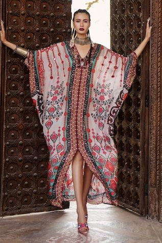 Buy Multi Color Silk Print Abstract V Neck Farida Kaftan For Women by Rajdeep Ranawat Online at Aza Fashions. Rajdeep Ranawat, Kaftan For Women, Silk Kaftan, Kids Sleepwear, Designer Gowns, African Dress, Festival Wear, Designer Wear, Kimonos