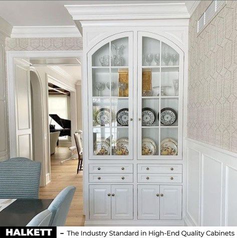 Large China Cabinets With Glass Doors, China Cabinet In Entryway, Dinning Room Built In Cabinets, Arched Glass Cabinet Kitchen, Custom Built In Cabinets Dining Room, Built In China Cabinet Kitchen, Built In China Cabinet Ideas, Built In China Cabinet Dining Room, Built In Hutch Dining Room