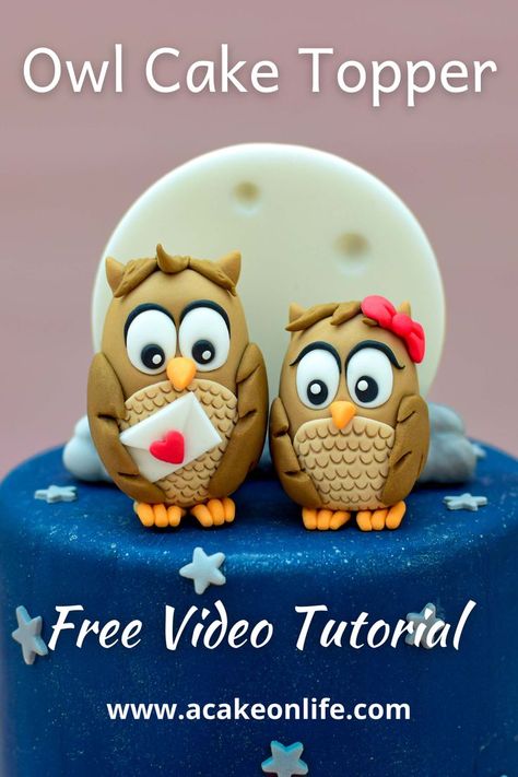 Two cake cake toppers on a cake Owl Cake Topper, Fondant Owl, Model Cake, Cupcakes Ideas, Owl Cake, Fondant Cake Topper, Cake Topper Tutorial, Xmas Cake, Valentines Day Cakes