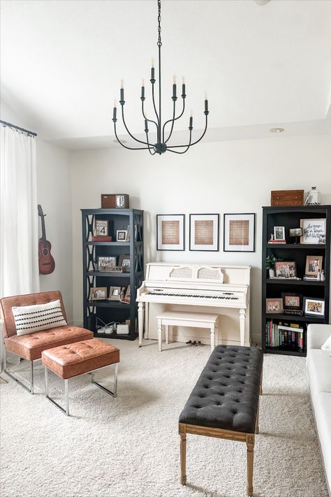 The kids started taking piano lessons this fall, which has turned our attention back to the front music room... and the last remaining giant ceiling fan in our house. Piano Next To Couch, Front Room Piano, Upright Piano Decor, Living Room With Dining Area, Piano Decor, Kids Piano, Piano Room, Upright Piano, Reading Music