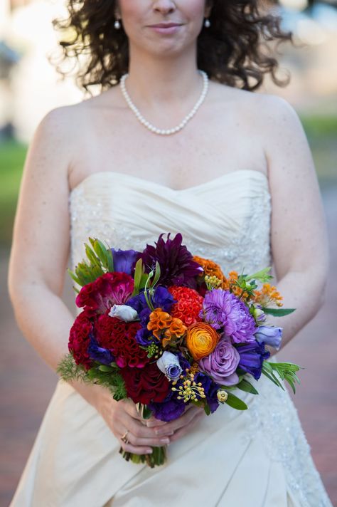 Jewel Tone Bridal Bouquet, Jewel Tone Wedding Flowers, Bridesmaid Bouquet Alternatives, Moody Vibes, Viking Wedding, Jewel Tone Wedding, Ivory Gown, Rainbow Wedding, Cascade Bouquet