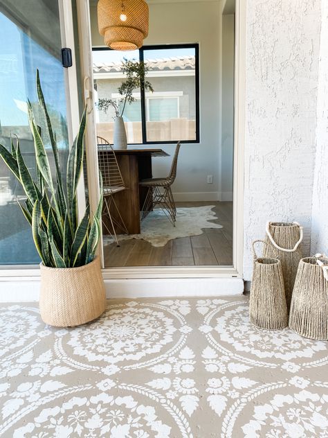 Before & After: A stylish patio makeover with concrete stencils | Real Homes Stenciled Concrete Floor, Paint Concrete Patio, Stencil Concrete, Concrete Patio Makeover, Painting Front Porch, Cement Patio, Concrete Patio Designs, Painted Concrete Floors, Painted Front Porches